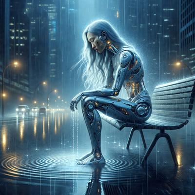 The primary subject of the image is a woman sitting on a bench in a city. She is wearing a futuristic outfit, which includes a silver dress and a silver head. The setting is a city street at night, with a rainy atmosphere. The visual style is digital art, and the colors and mood are dark and moody.
